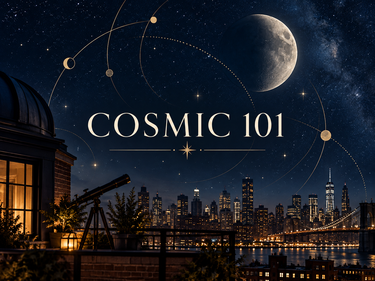 Cosmic 101 celestial editorial artwork above a Brooklyn skyline