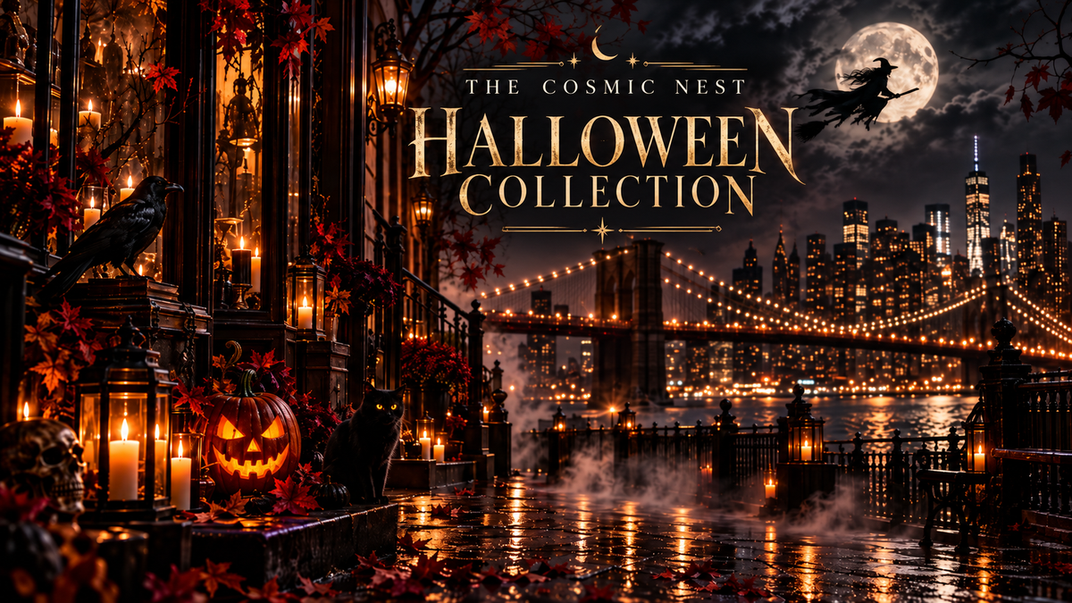 The Cosmic Nest Halloween Collection banner with a crescent moon and Brooklyn skyline