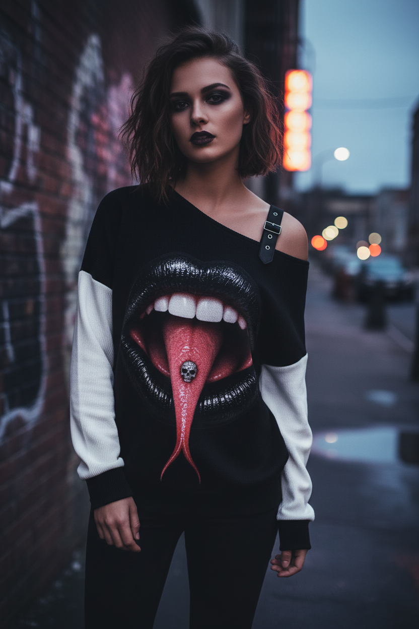 SHARP TONGUE Snake-Tongue Off-the-Shoulder Sweatshirt