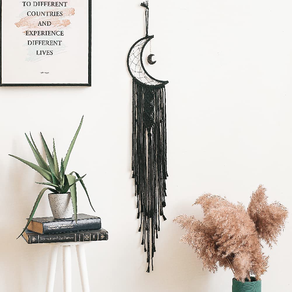 MOONFLY Black Moon Dream Catcher with Handmade Woven Cotton Macrame Wall Hanging Boho Home Decoration Ornament Craft Gift
