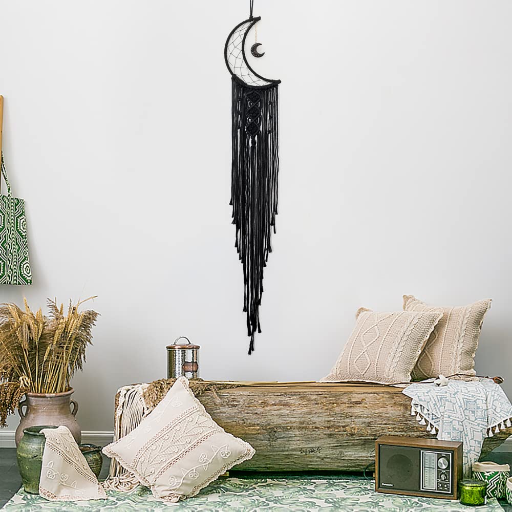 MOONFLY Black Moon Dream Catcher with Handmade Woven Cotton Macrame Wall Hanging Boho Home Decoration Ornament Craft Gift