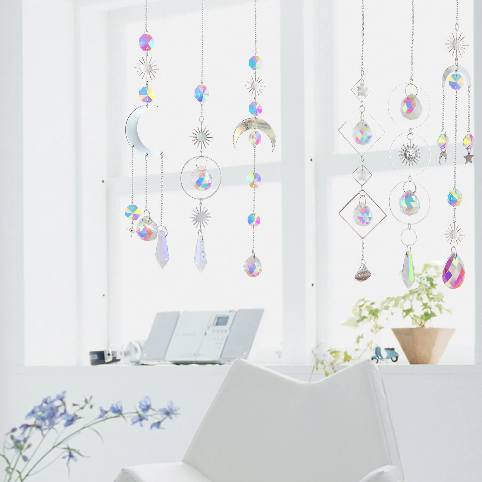 6Pieces Colorful Crystals Suncatcher Hanging Sun Catcher with Chain Pendant Ornament Crystal Balls for Window Home Garden Christmas Day Party Wedding Decoration