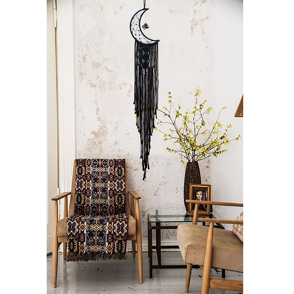 MOONFLY Black Moon Dream Catcher with Handmade Woven Cotton Macrame Wall Hanging Boho Home Decoration Ornament Craft Gift
