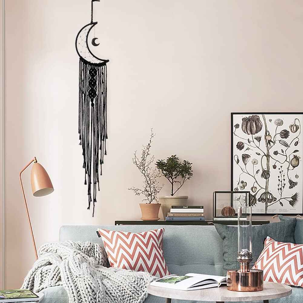 MOONFLY Black Moon Dream Catcher with Handmade Woven Cotton Macrame Wall Hanging Boho Home Decoration Ornament Craft Gift