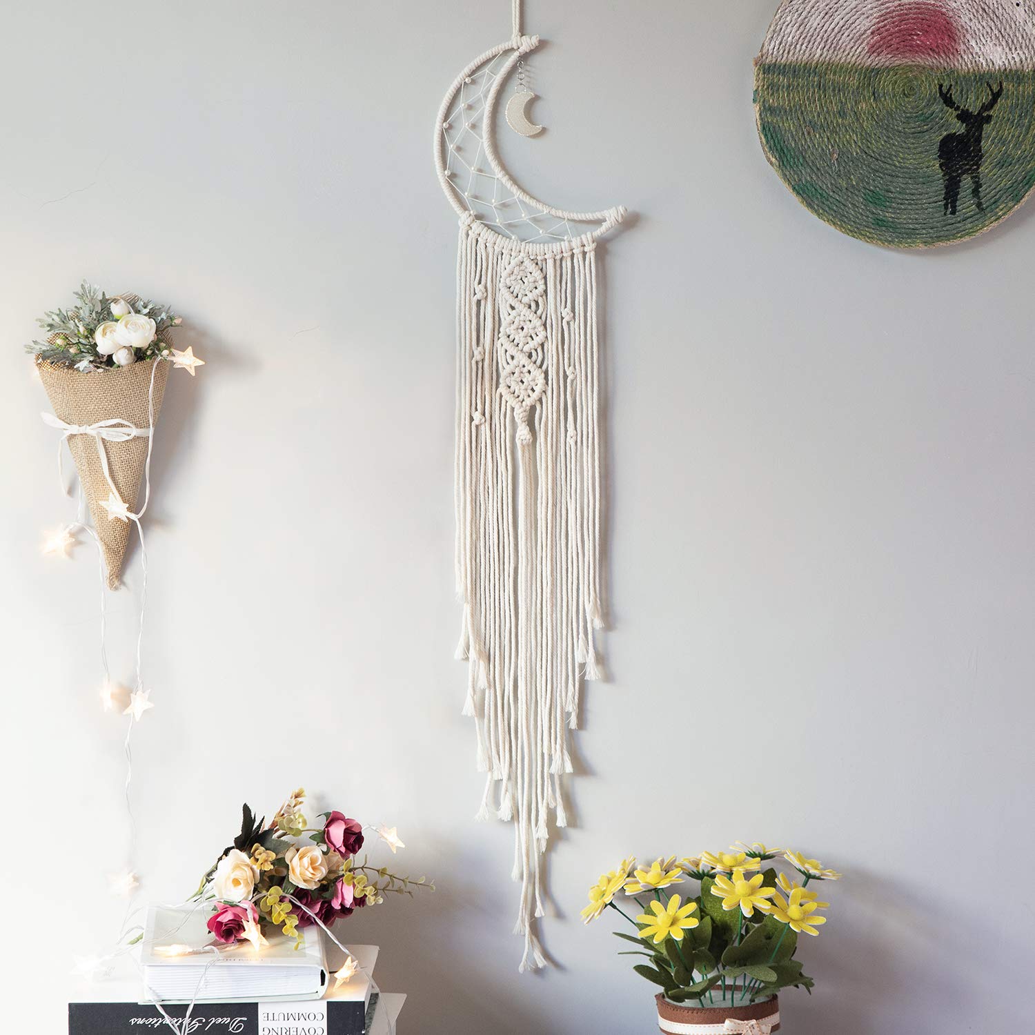 MOONFLY Black Moon Dream Catcher with Handmade Woven Cotton Macrame Wall Hanging Boho Home Decoration Ornament Craft Gift