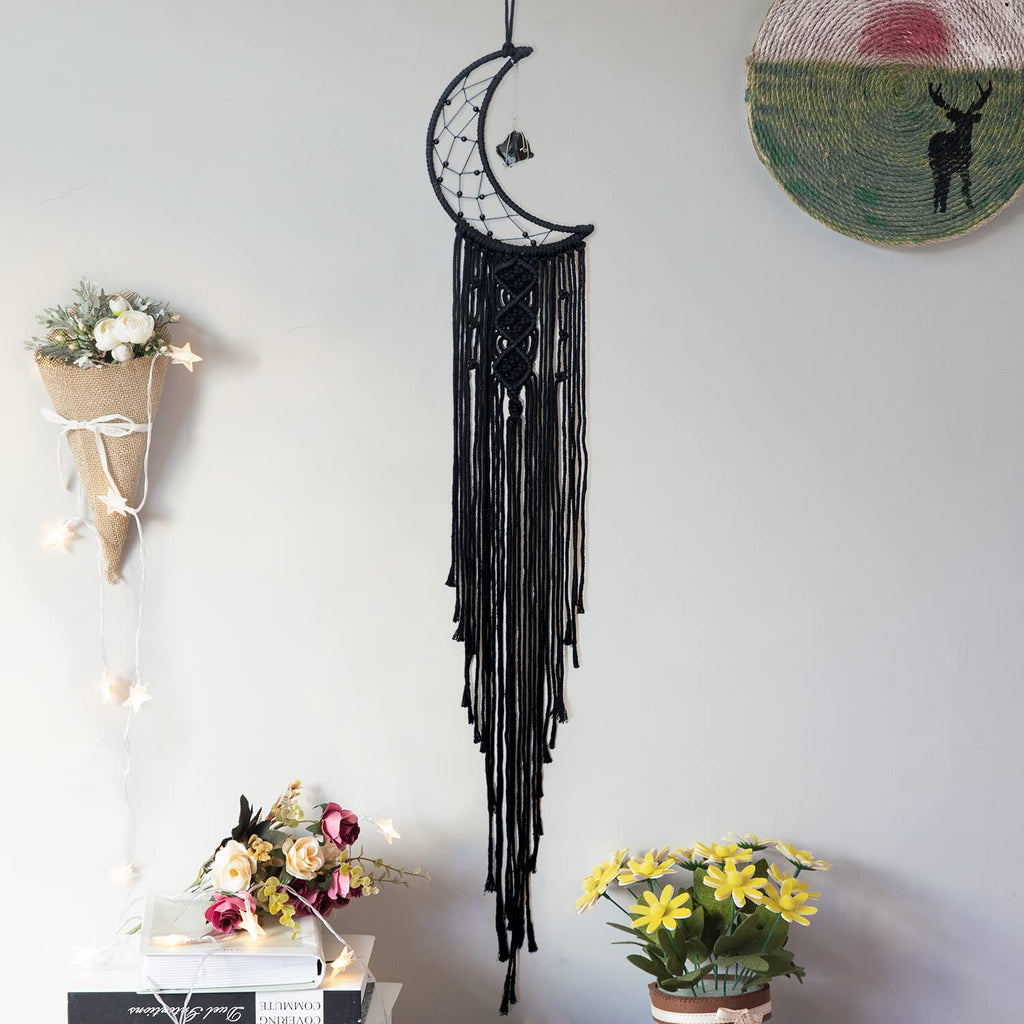 MOONFLY Black Moon Dream Catcher with Handmade Woven Cotton Macrame Wall Hanging Boho Home Decoration Ornament Craft Gift