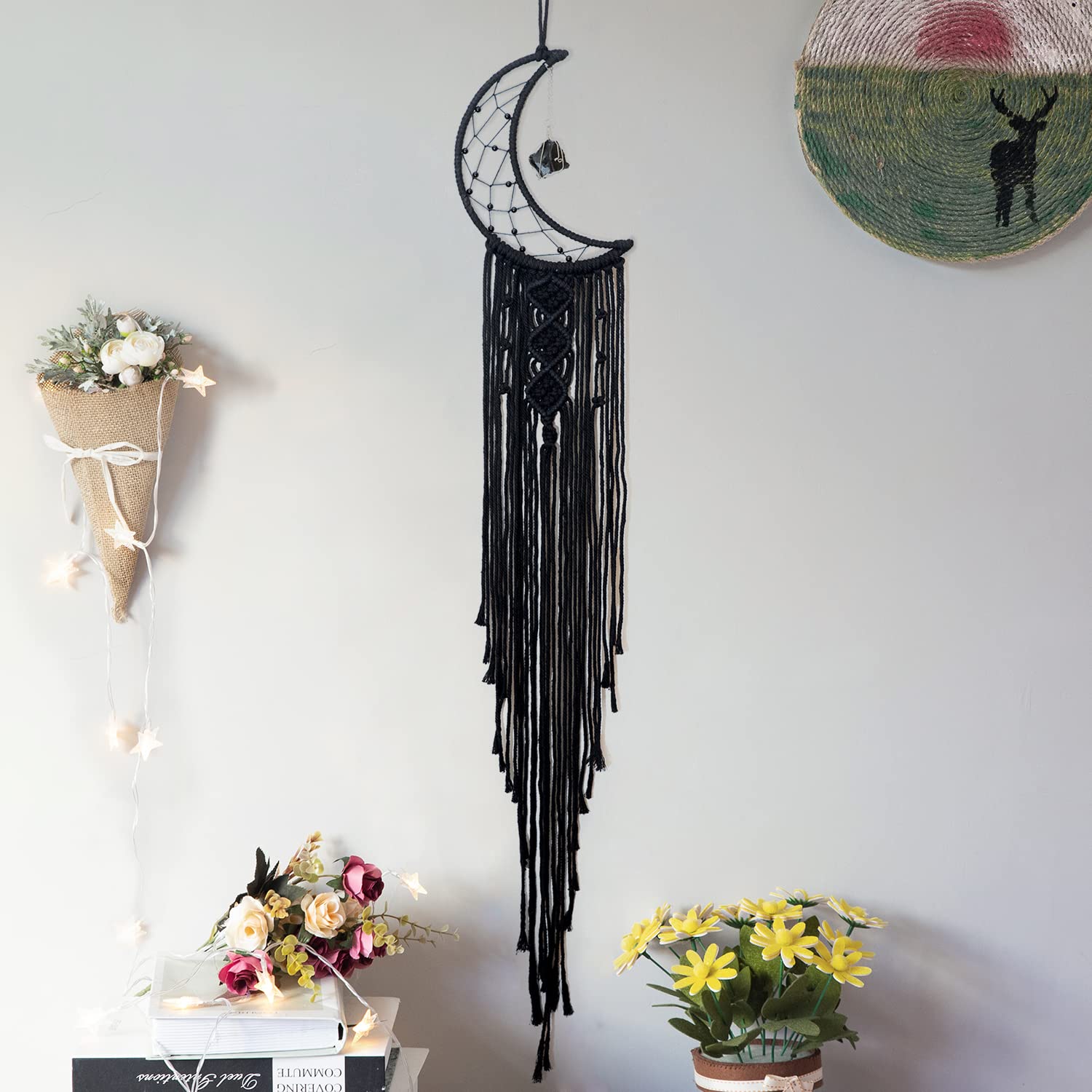 MOONFLY Black Moon Dream Catcher with Handmade Woven Cotton Macrame Wall Hanging Boho Home Decoration Ornament Craft Gift