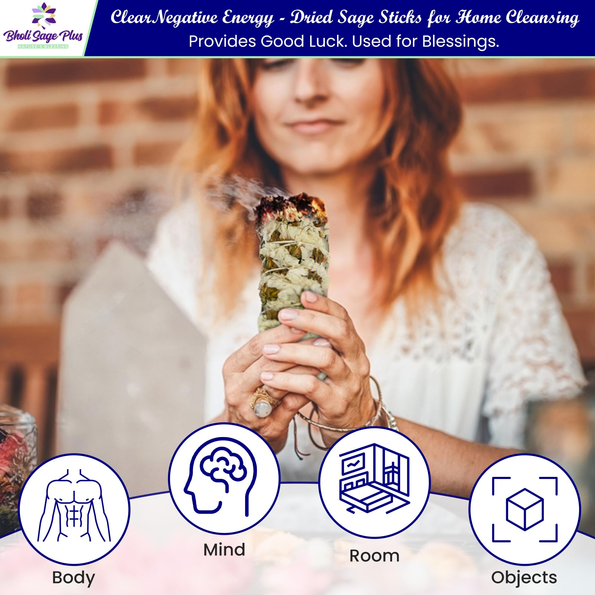 Bholi Sage Plus Sage Smudge Kit for Cleansing Negative Energy and Cleansing Home Sinuata, Dragon Blood, Cinnamon and Triple Flower Dried - 4'' Long Pack of 4 White California Sage Sticks
