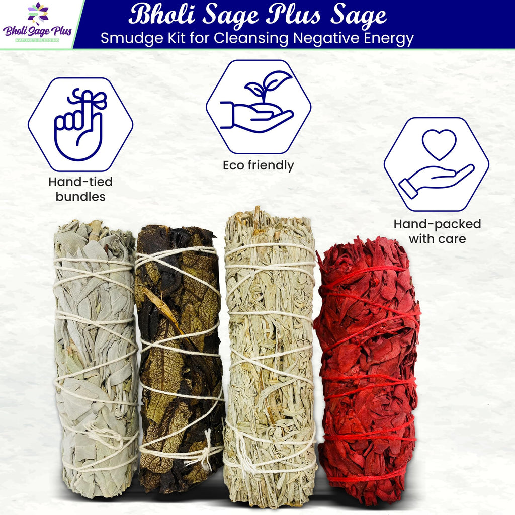 Bholi Sage Plus Sage Smudge Kit for Cleansing Negative Energy and Cleansing Home Sinuata, Dragon Blood, Cinnamon and Triple Flower Dried - 4'' Long Pack of 4 White California Sage Sticks
