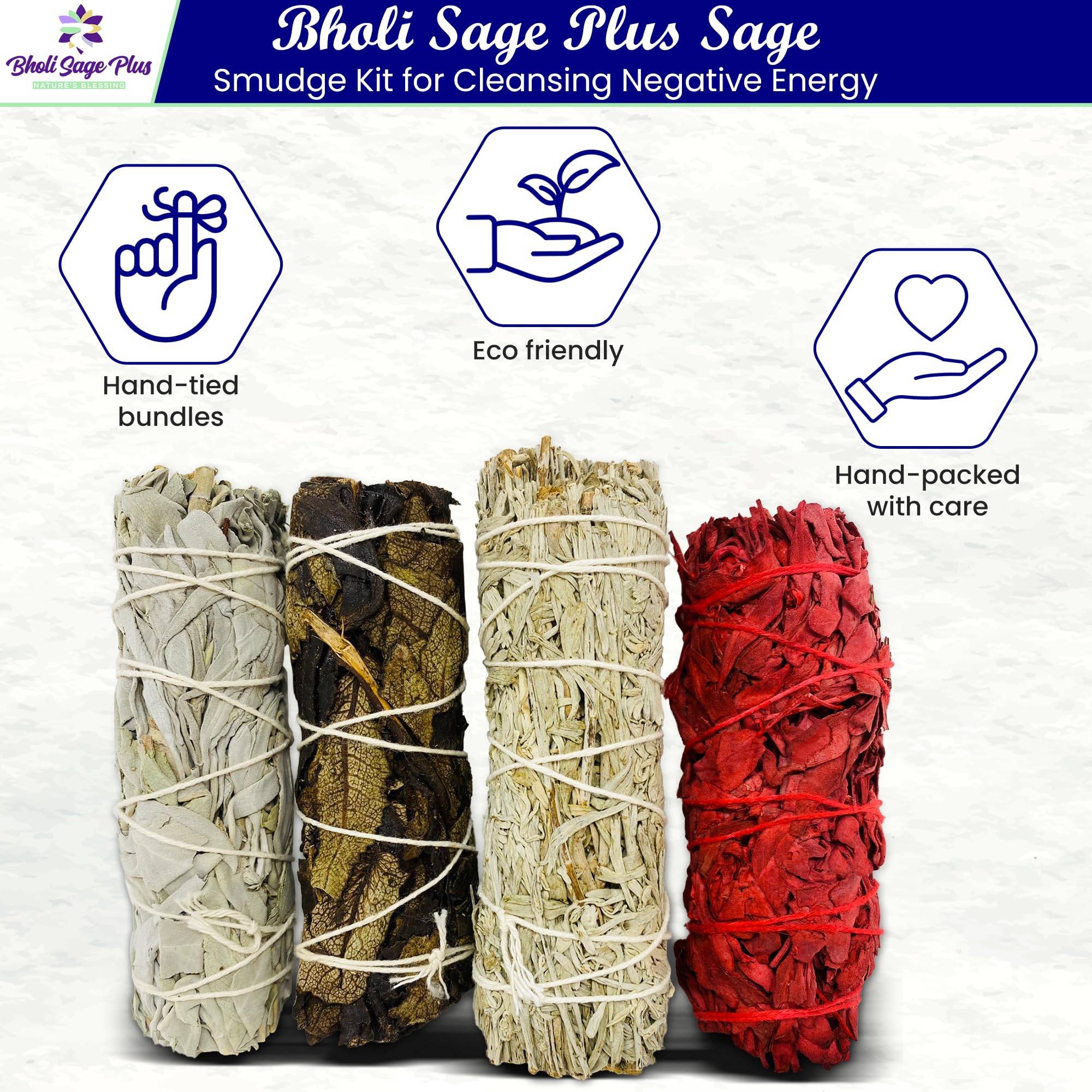 Bholi Sage Plus Sage Smudge Kit for Cleansing Negative Energy and Cleansing Home Sinuata, Dragon Blood, Cinnamon and Triple Flower Dried - 4'' Long Pack of 4 White California Sage Sticks