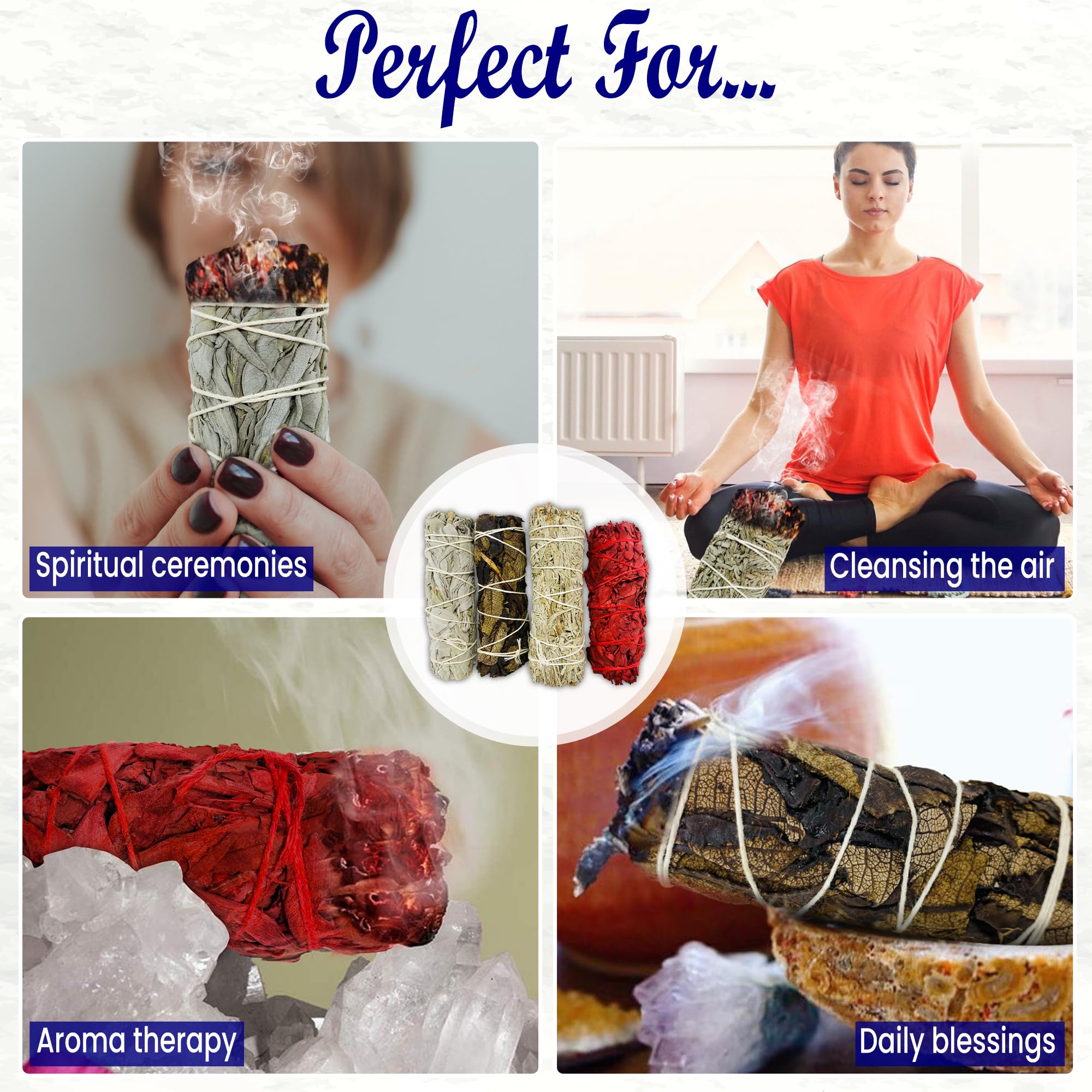 Bholi Sage Plus Sage Smudge Kit for Cleansing Negative Energy and Cleansing Home Sinuata, Dragon Blood, Cinnamon and Triple Flower Dried - 4'' Long Pack of 4 White California Sage Sticks