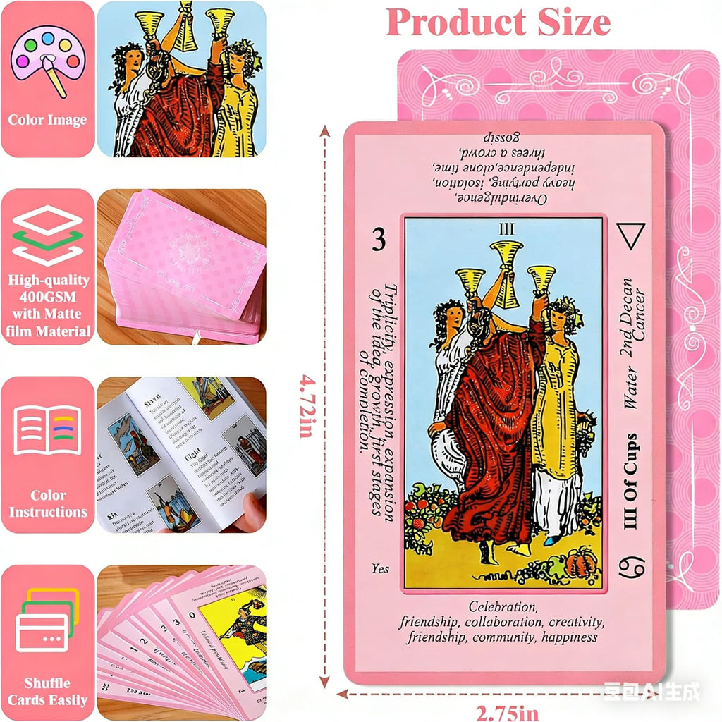 Myripoly Pink Tarot Cards Deck Set for Beginners with Meanings On Them-Tarot Card with Guidebook-(Free Velvet Tarot Bag Pouch)