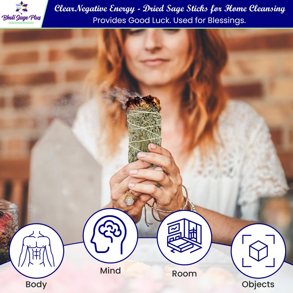 Bholi Sage Plus Sage Smudge Kit for Cleansing Negative Energy and Cleansing Home Sinuata, Dragon Blood, Cinnamon and Triple Flower Dried - 4'' Long Pack of 4 White California Sage Sticks