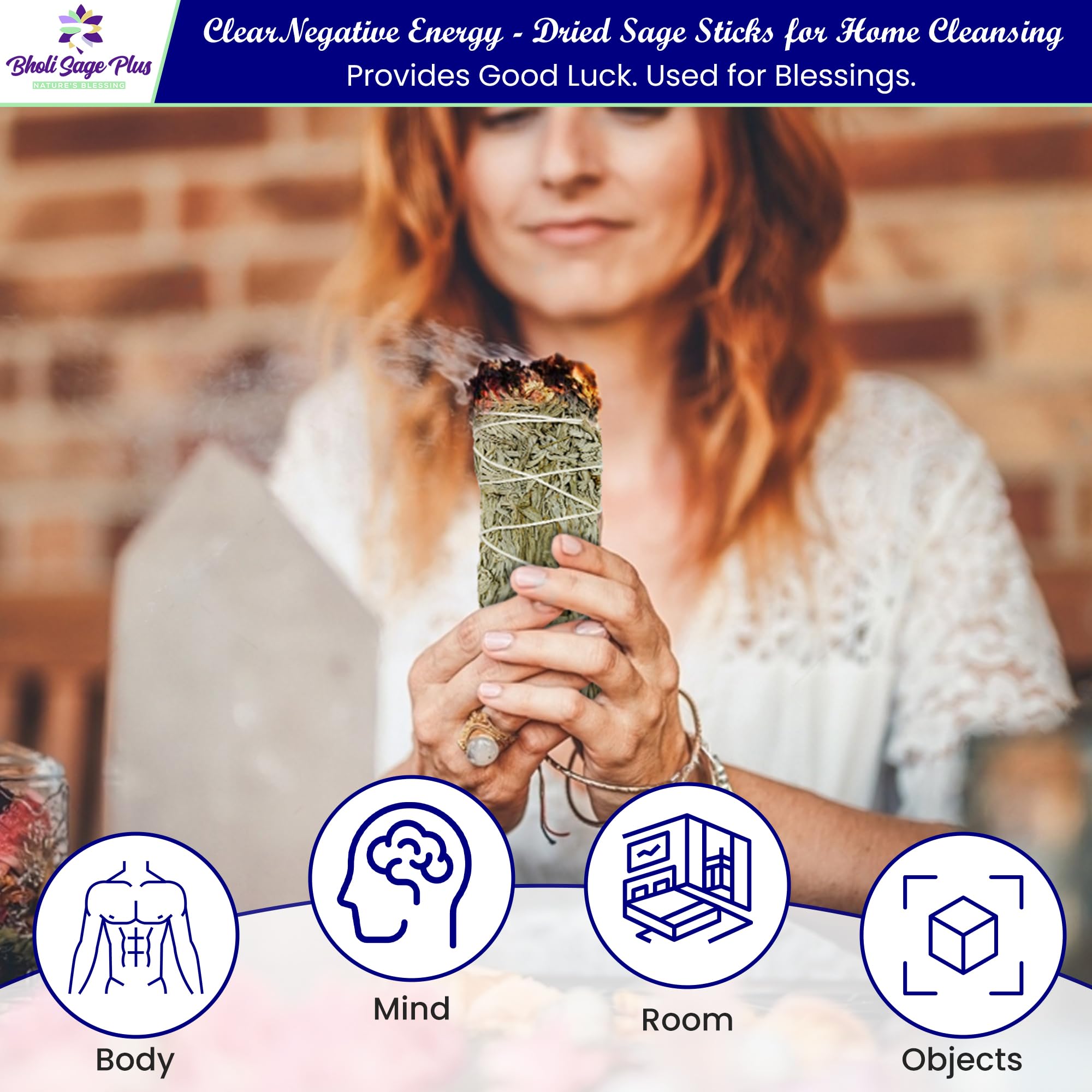 Bholi Sage Plus Sage Smudge Kit for Cleansing Negative Energy and Cleansing Home Sinuata, Dragon Blood, Cinnamon and Triple Flower Dried - 4'' Long Pack of 4 White California Sage Sticks