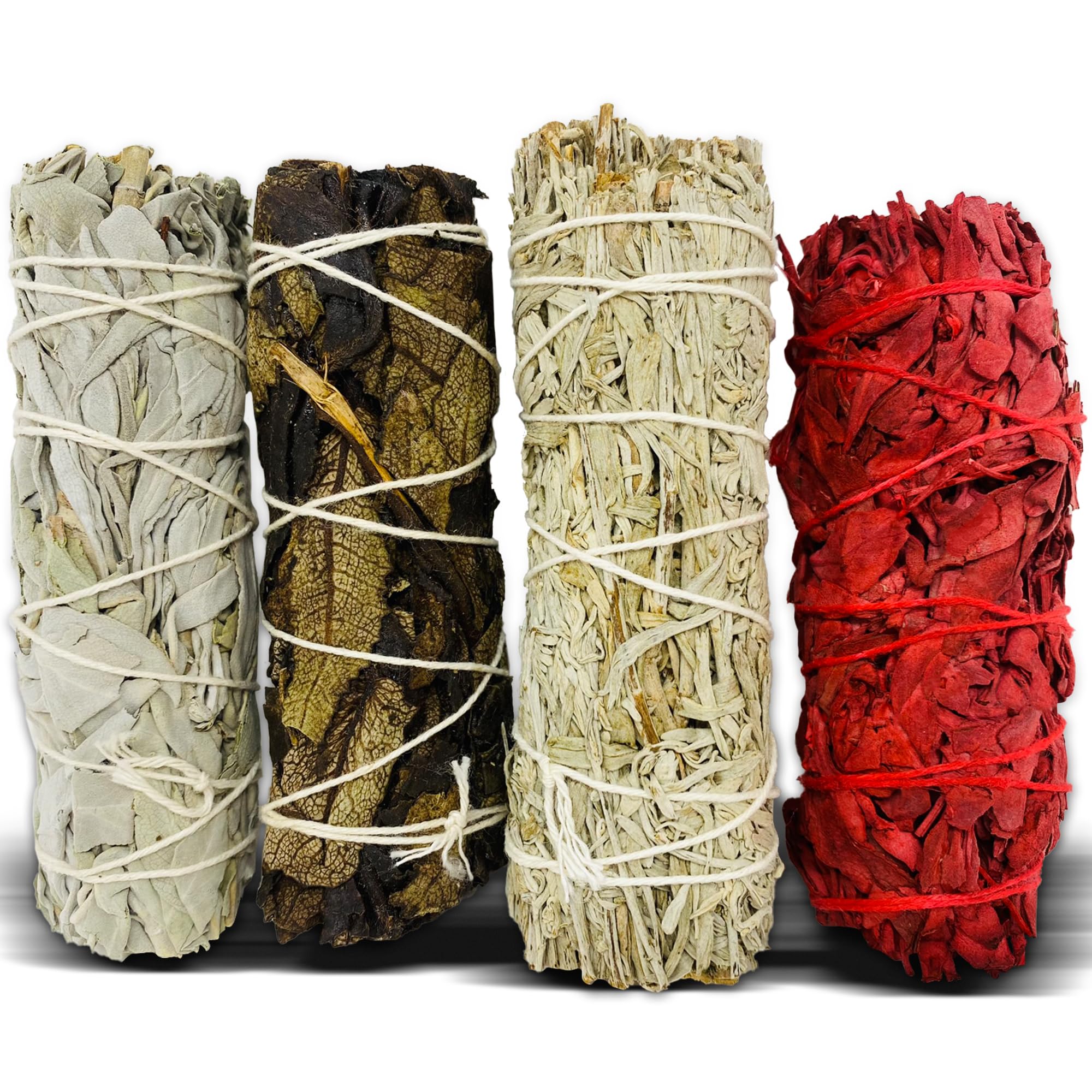 Bholi Sage Plus Sage Smudge Kit for Cleansing Negative Energy and Cleansing Home Sinuata, Dragon Blood, Cinnamon and Triple Flower Dried - 4'' Long Pack of 4 White California Sage Sticks
