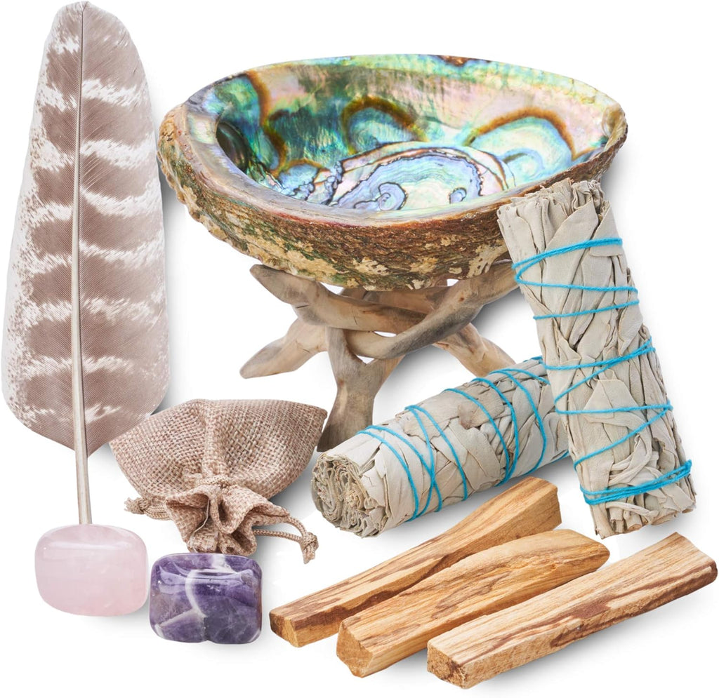 Home Cleansing & Smudging Kit with White Sage, Palo Santo | Smudge Kit with Sage Smudge Sticks, Abalone & Stand, Feather, Includes Guide