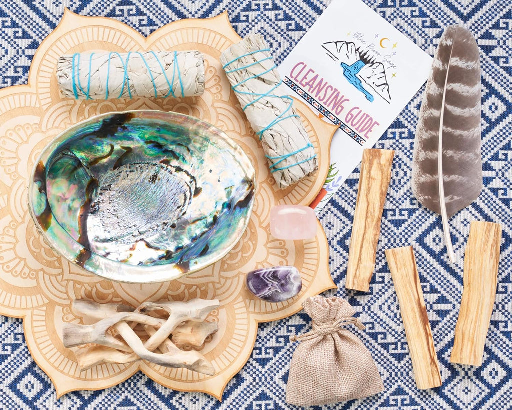Home Cleansing & Smudging Kit with White Sage, Palo Santo | Smudge Kit with Sage Smudge Sticks, Abalone & Stand, Feather, Includes Guide