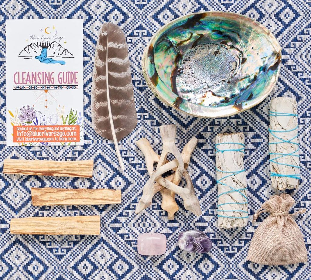 Home Cleansing & Smudging Kit with White Sage, Palo Santo | Smudge Kit with Sage Smudge Sticks, Abalone & Stand, Feather, Includes Guide