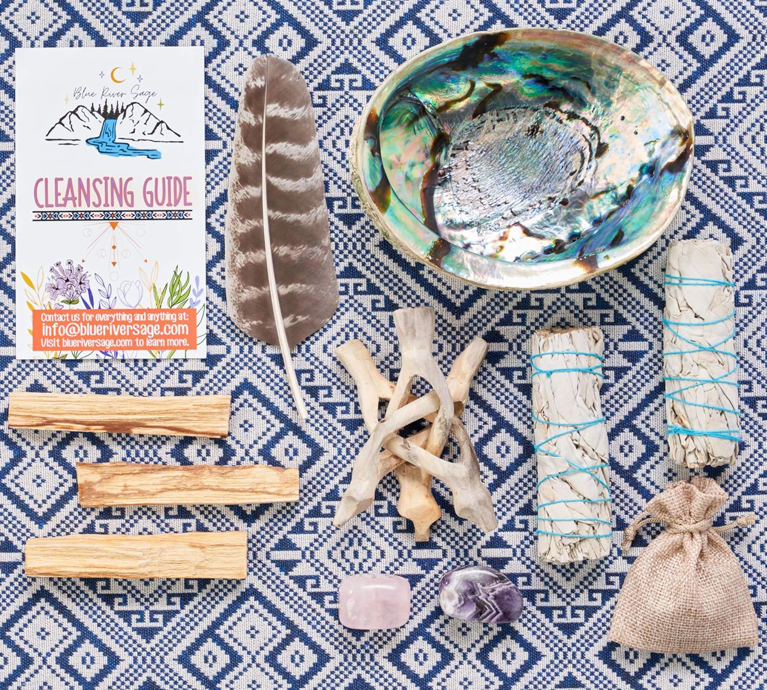 Home Cleansing & Smudging Kit with White Sage, Palo Santo | Smudge Kit with Sage Smudge Sticks, Abalone & Stand, Feather, Includes Guide