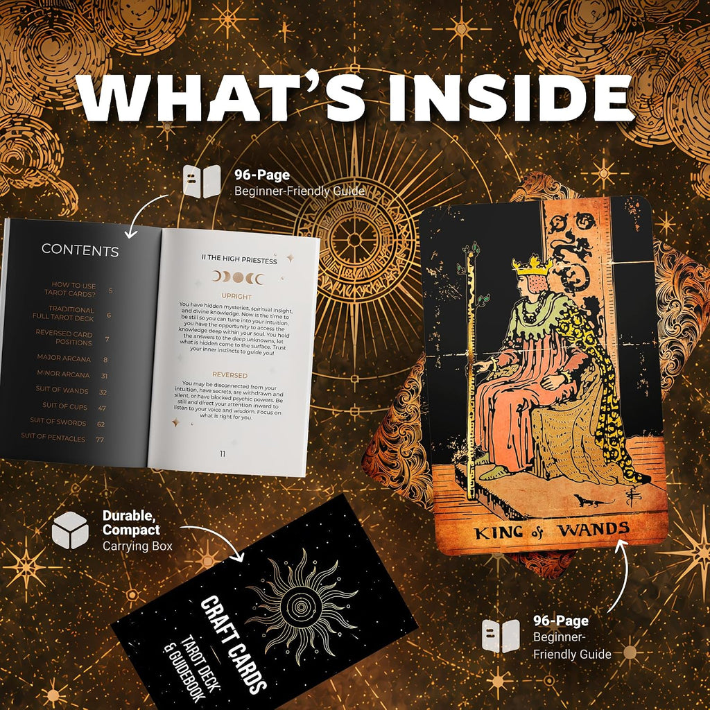 CRAFTERIAN Tarot Cards, 78-Card Deck, Original Tarot for Beginners & Experts with Guide Book, Gift Bag & Box, Fortune Telling Game, Adults, Black