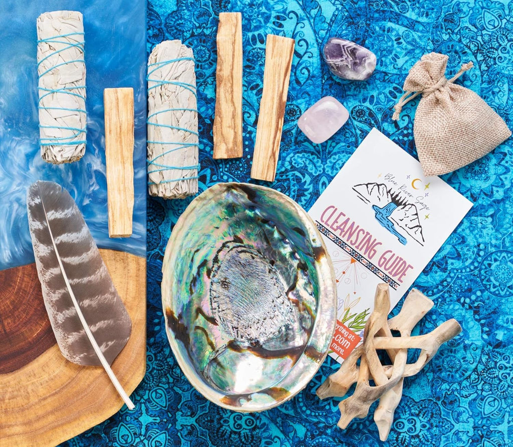 Home Cleansing & Smudging Kit with White Sage, Palo Santo | Smudge Kit with Sage Smudge Sticks, Abalone & Stand, Feather, Includes Guide