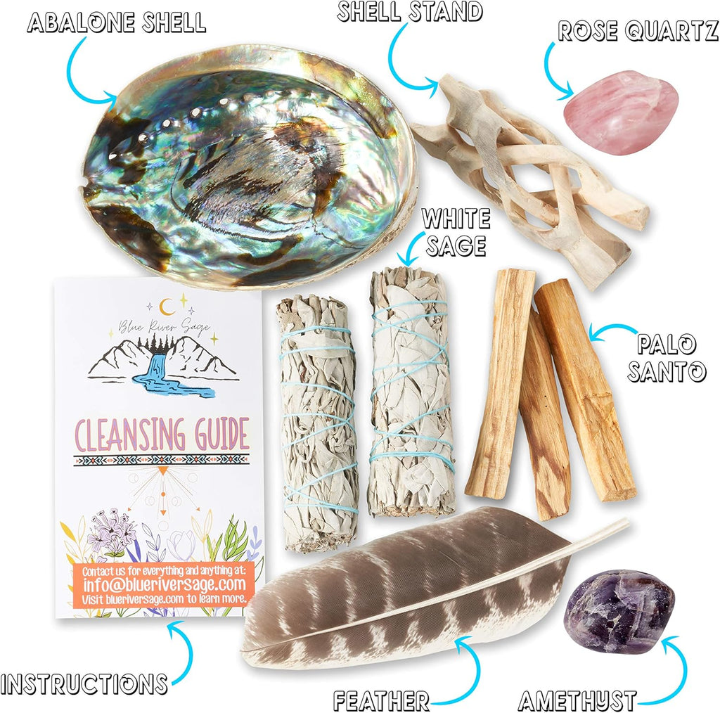 Home Cleansing & Smudging Kit with White Sage, Palo Santo | Smudge Kit with Sage Smudge Sticks, Abalone & Stand, Feather, Includes Guide