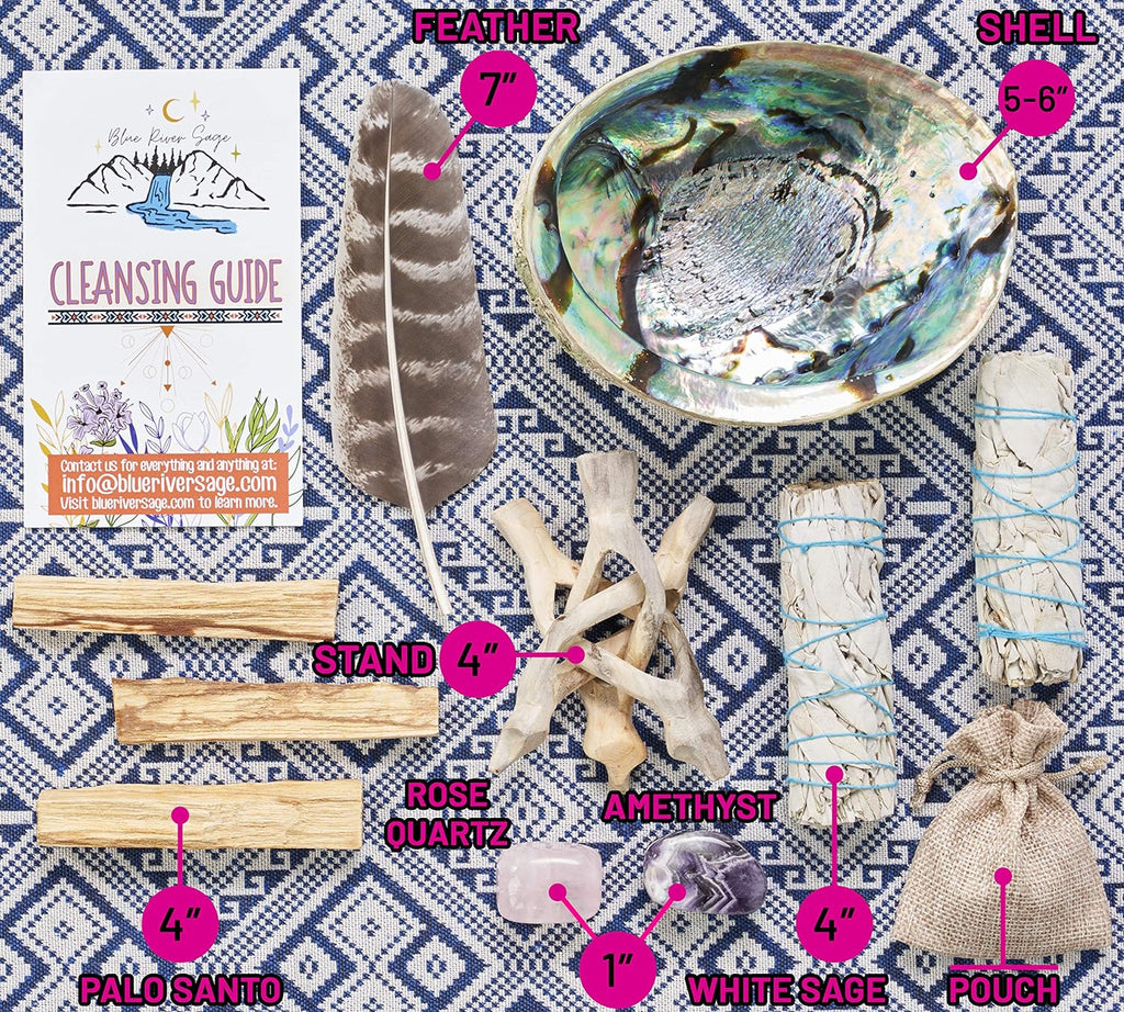 Home Cleansing & Smudging Kit with White Sage, Palo Santo | Smudge Kit with Sage Smudge Sticks, Abalone & Stand, Feather, Includes Guide