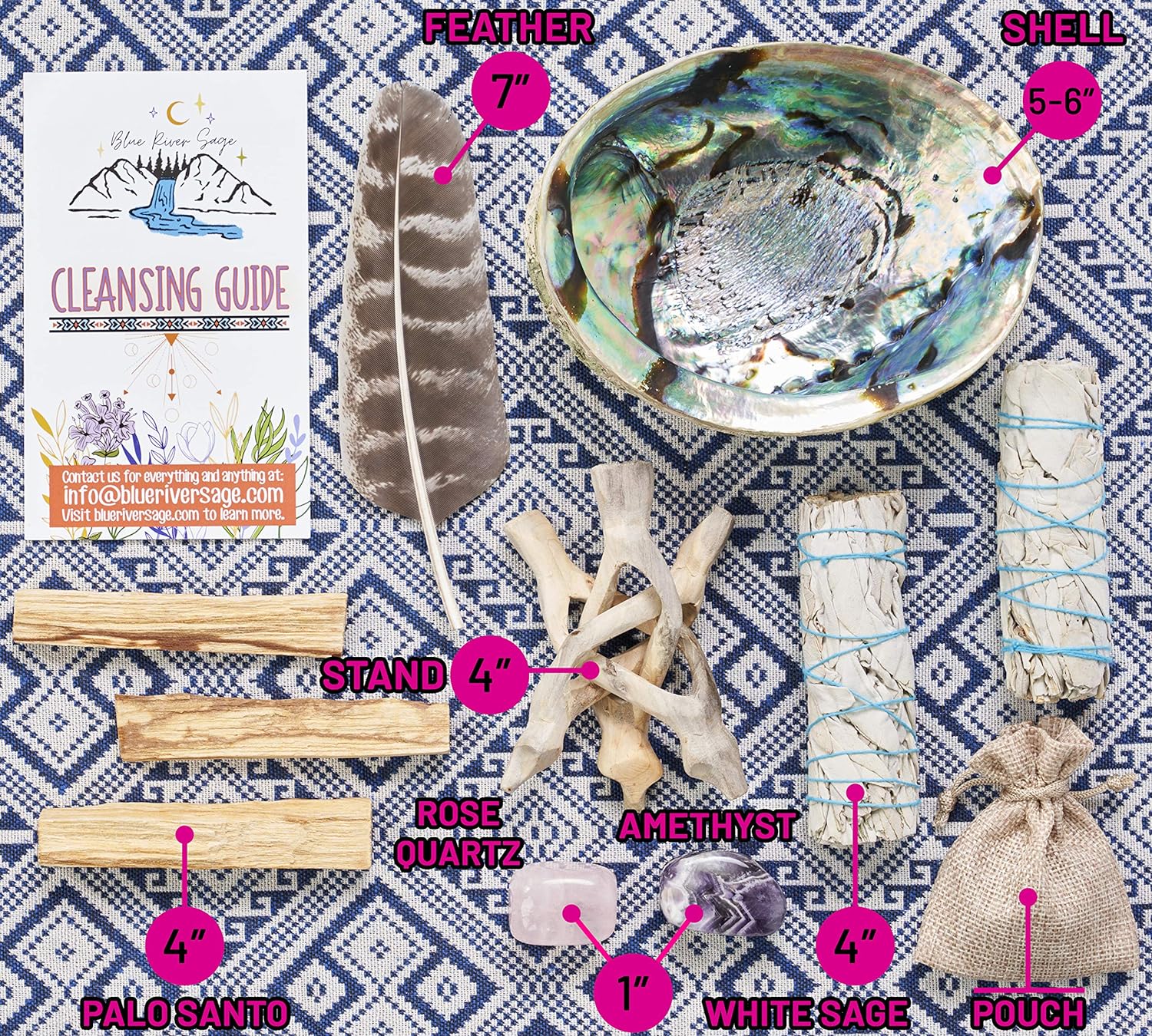 Home Cleansing & Smudging Kit with White Sage, Palo Santo | Smudge Kit with Sage Smudge Sticks, Abalone & Stand, Feather, Includes Guide