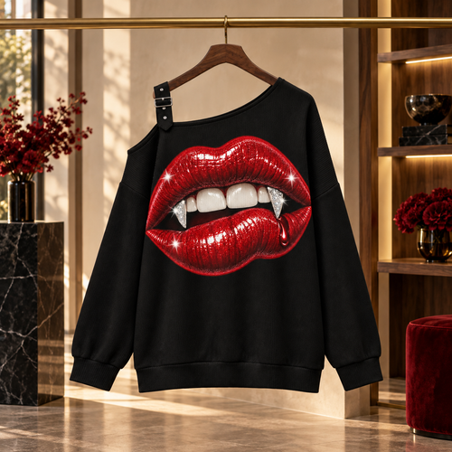 BITE BACK red fang off-the-shoulder sweatshirt displayed in a boutique