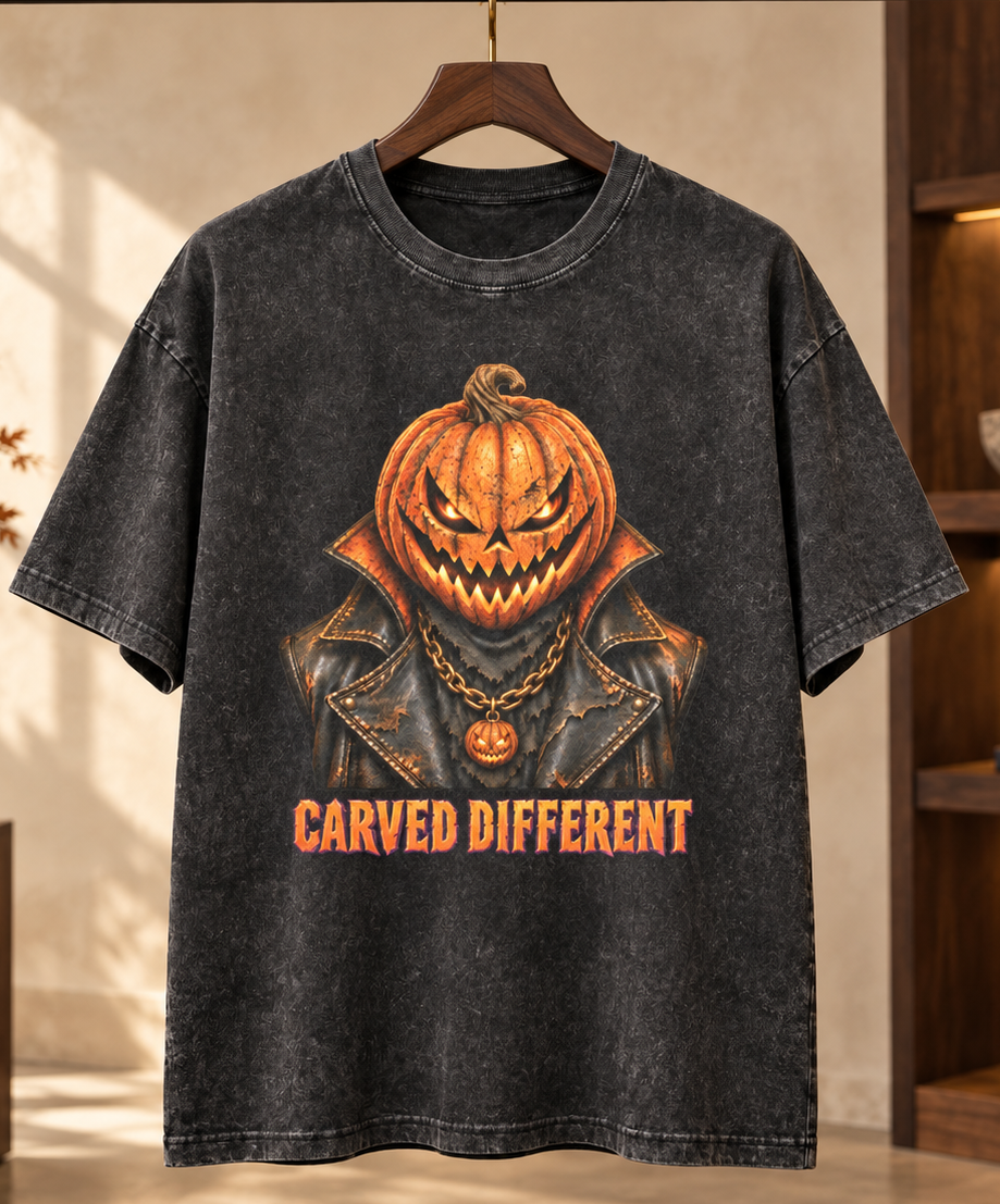 CARVED DIFFERENT men's washed T-shirt displayed in a boutique