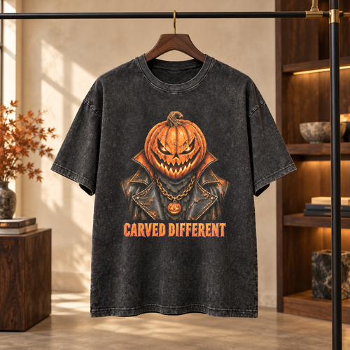 CARVED DIFFERENT men's washed T-shirt displayed in a boutique