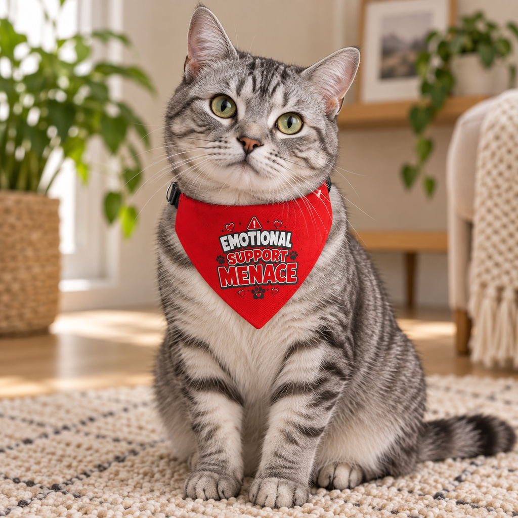 Silver tabby cat wearing the Emotional Support Menace clip-on pet bandana