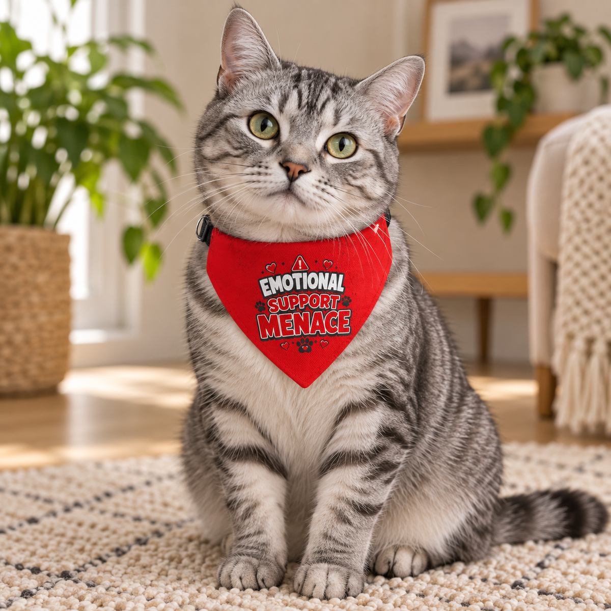 Silver tabby cat wearing the Emotional Support Menace clip-on pet bandana