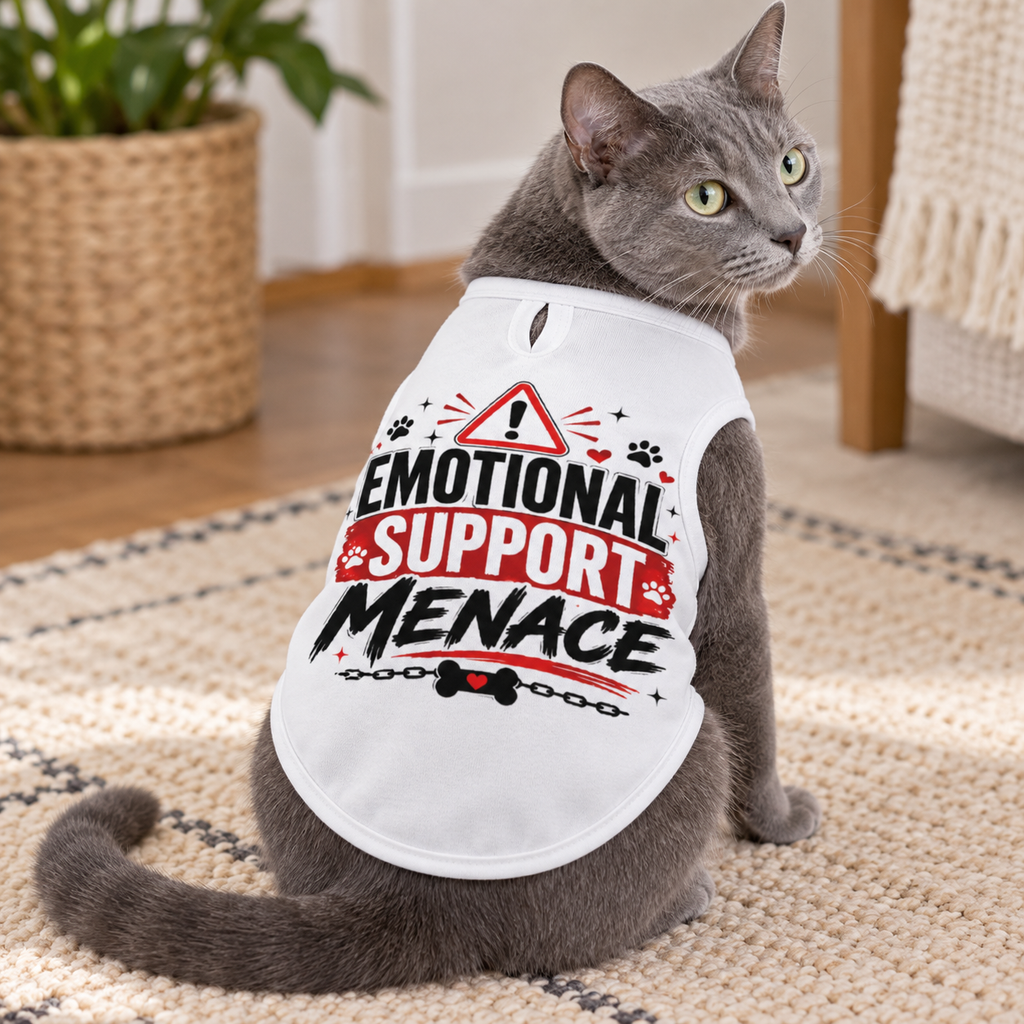 Gray cat wearing the Emotional Support Menace pet shirt