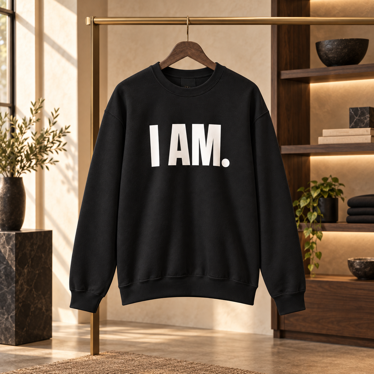 I AM. statement crewneck sweatshirt displayed in a boutique