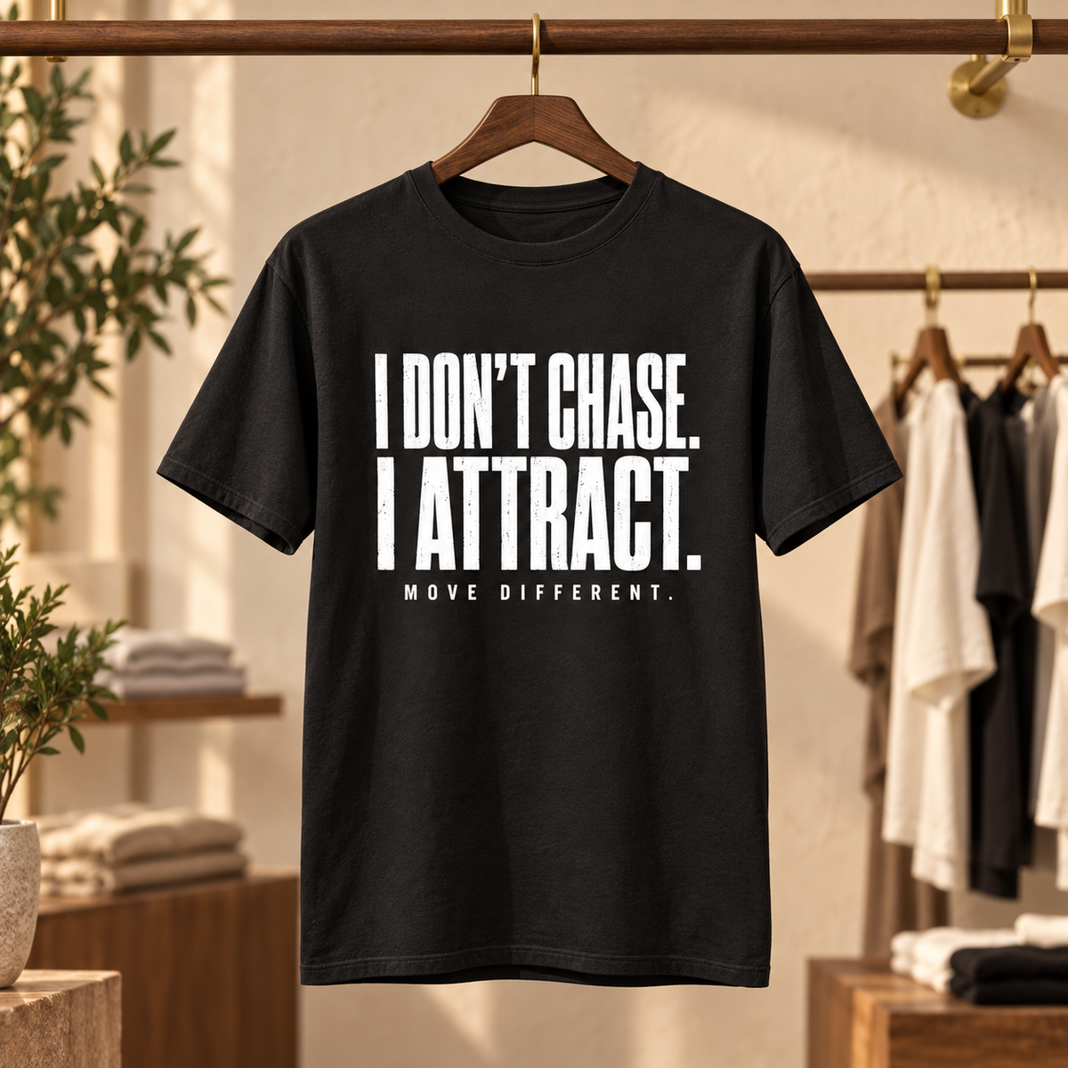 Black I Don't Chase I Attract tee hanging in a boutique