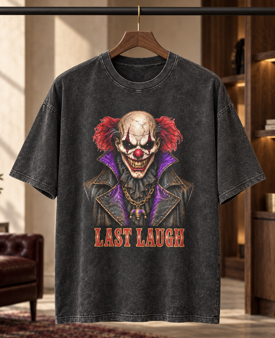 LAST LAUGH men's washed T-shirt displayed in a boutique