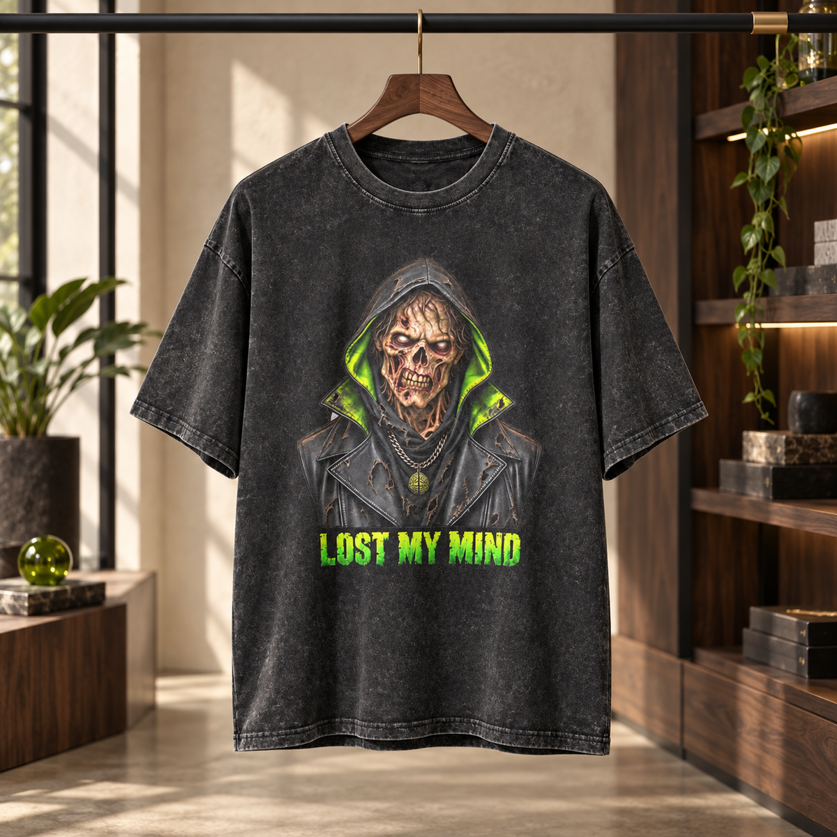 LOST MY MIND men's washed T-shirt displayed in a boutique