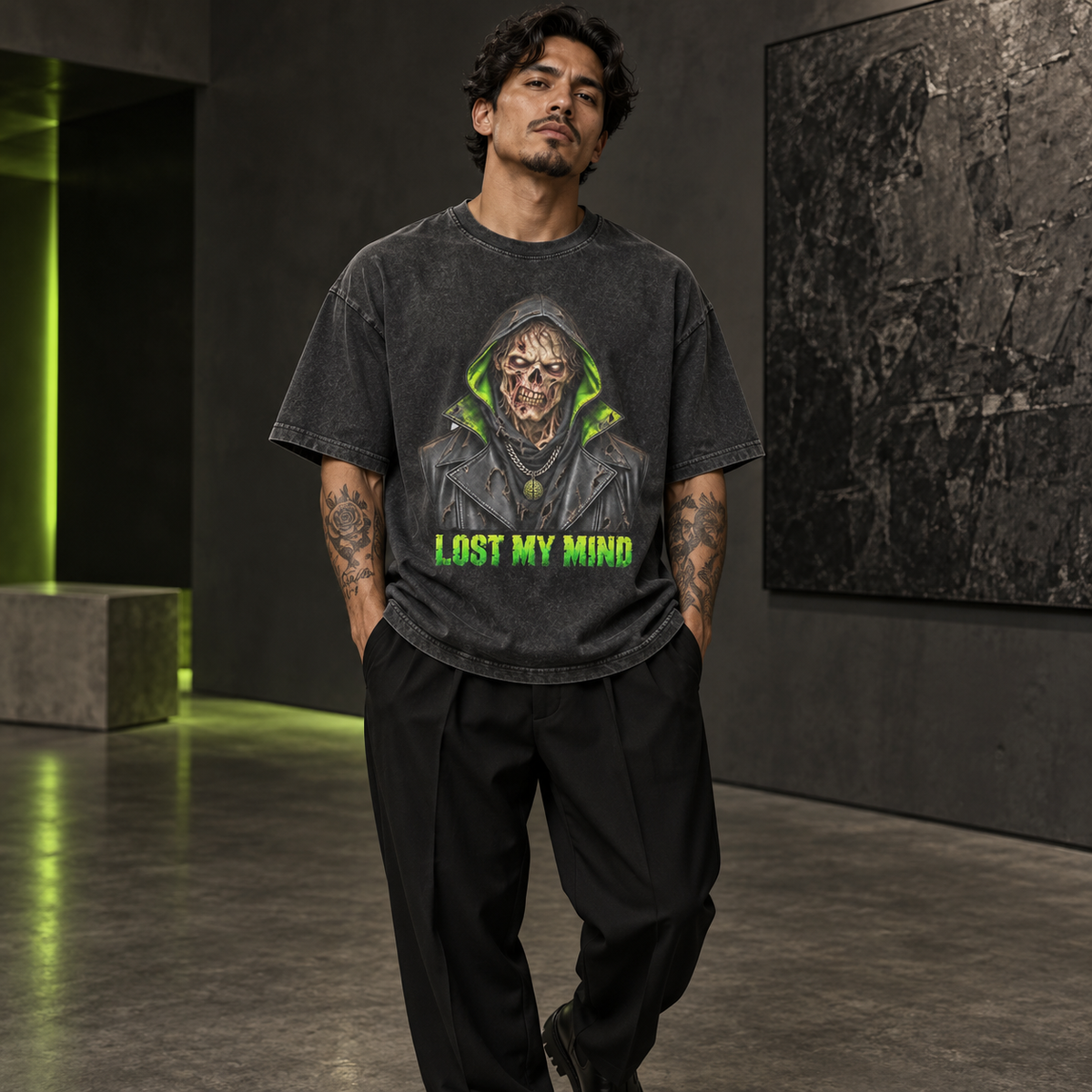 LOST MY MIND men's washed T-shirt on a model