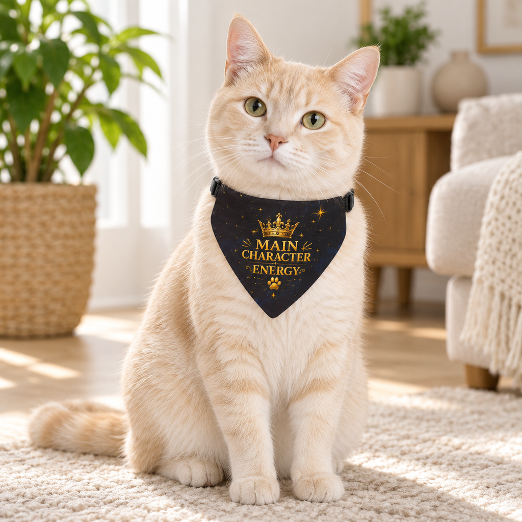 Cream cat wearing the Main Character Energy clip-on pet bandana