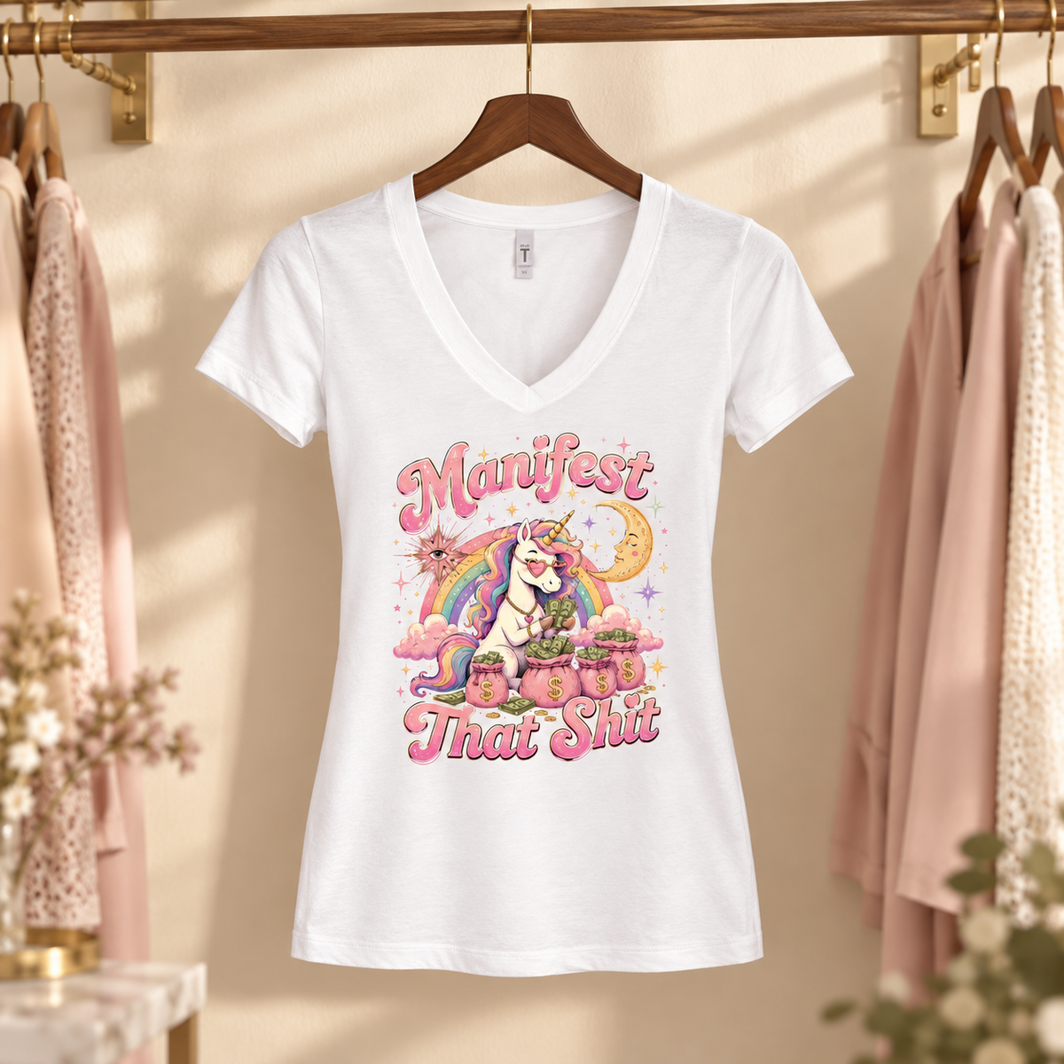 White Manifest That Shit V-neck tee hanging in a boutique