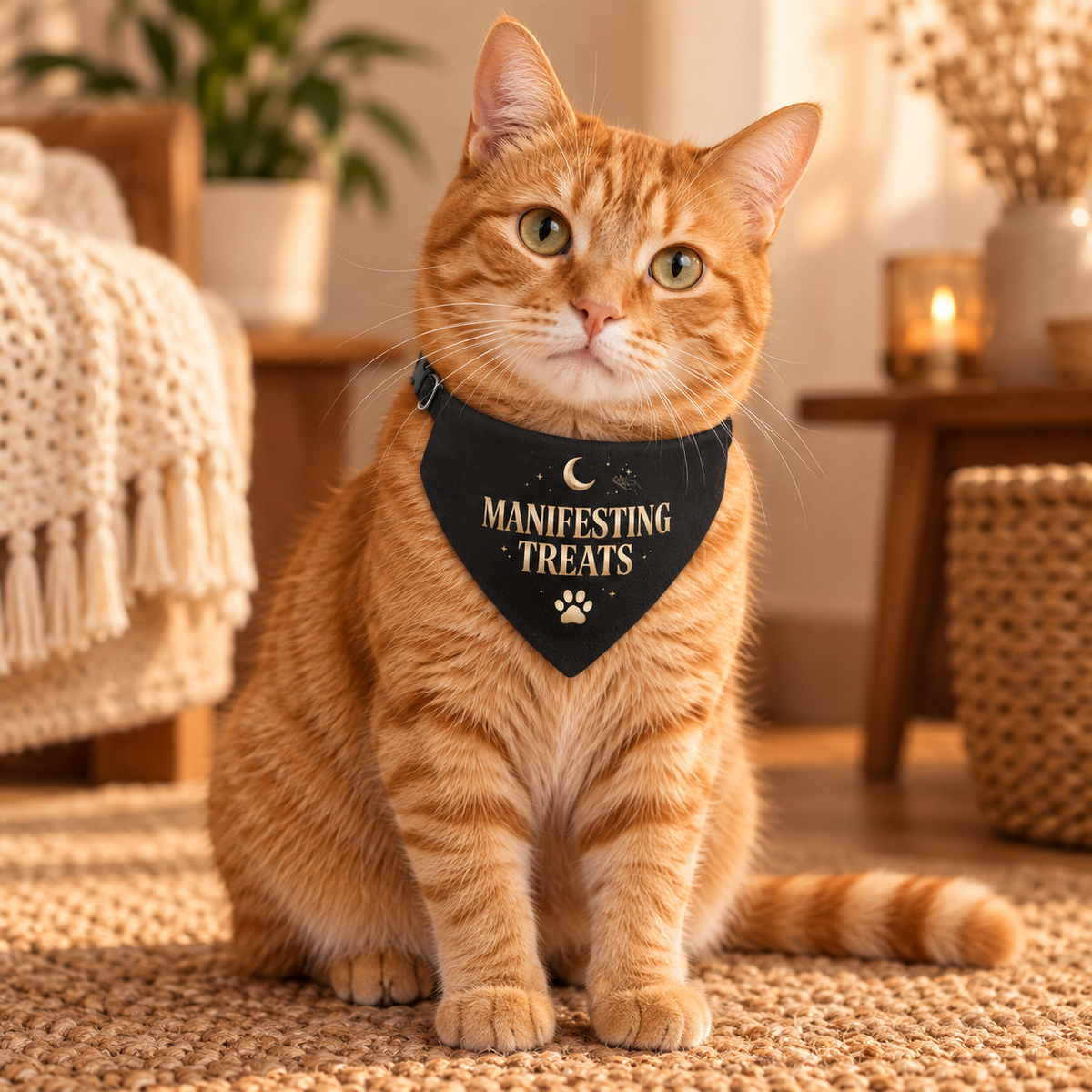Orange tabby cat wearing the Manifesting Treats clip-on pet bandana