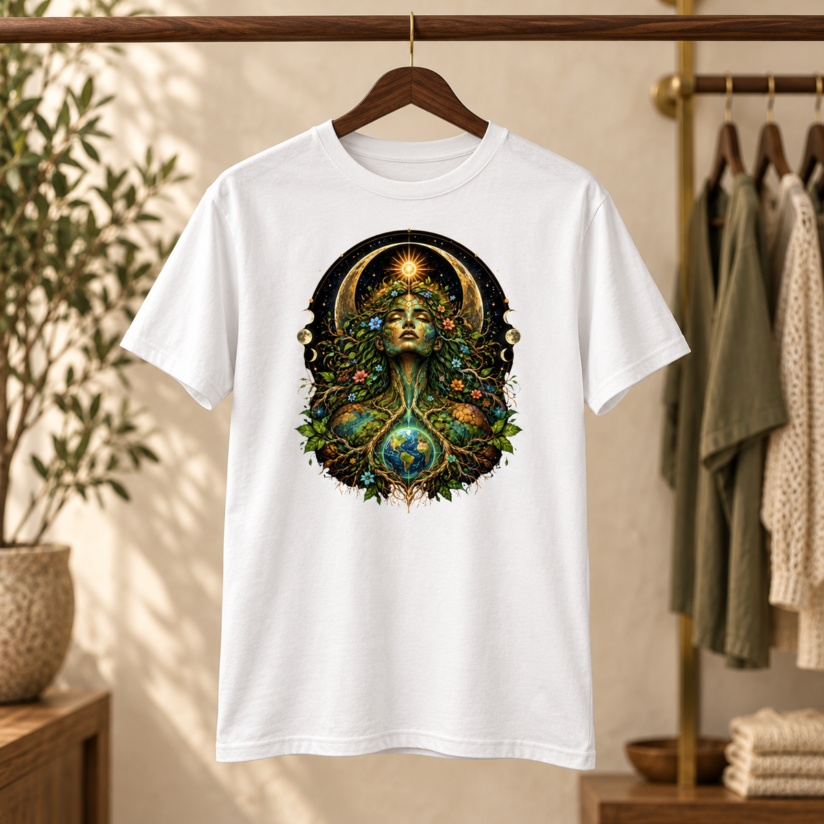 White Mother Earth graphic tee hanging in a boutique