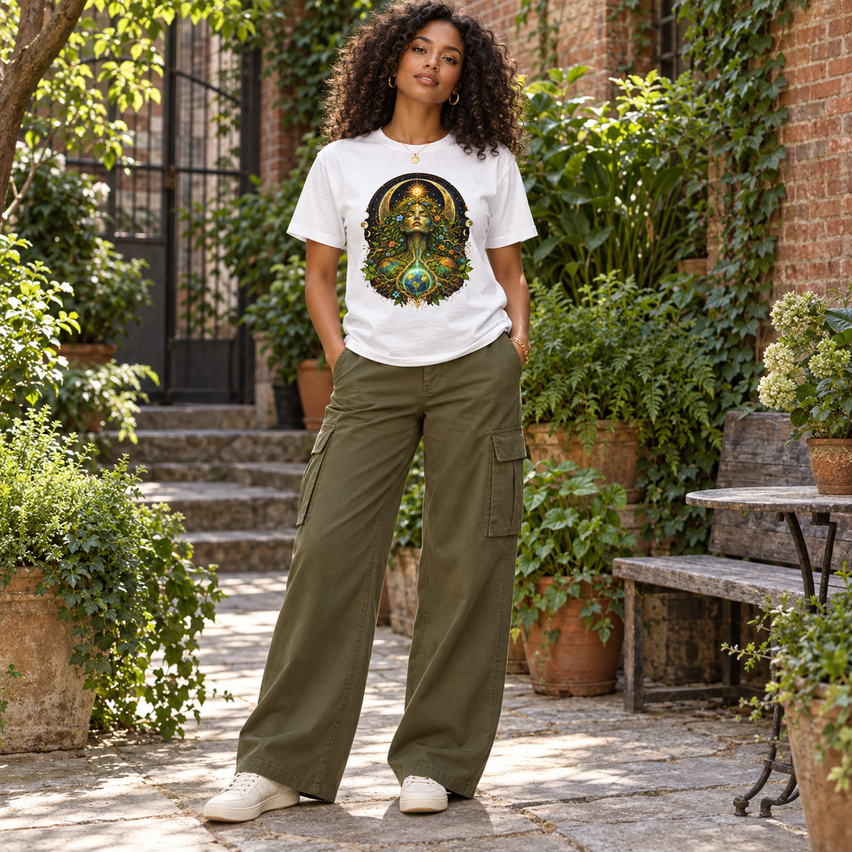 Woman modeling the white Mother Earth graphic tee