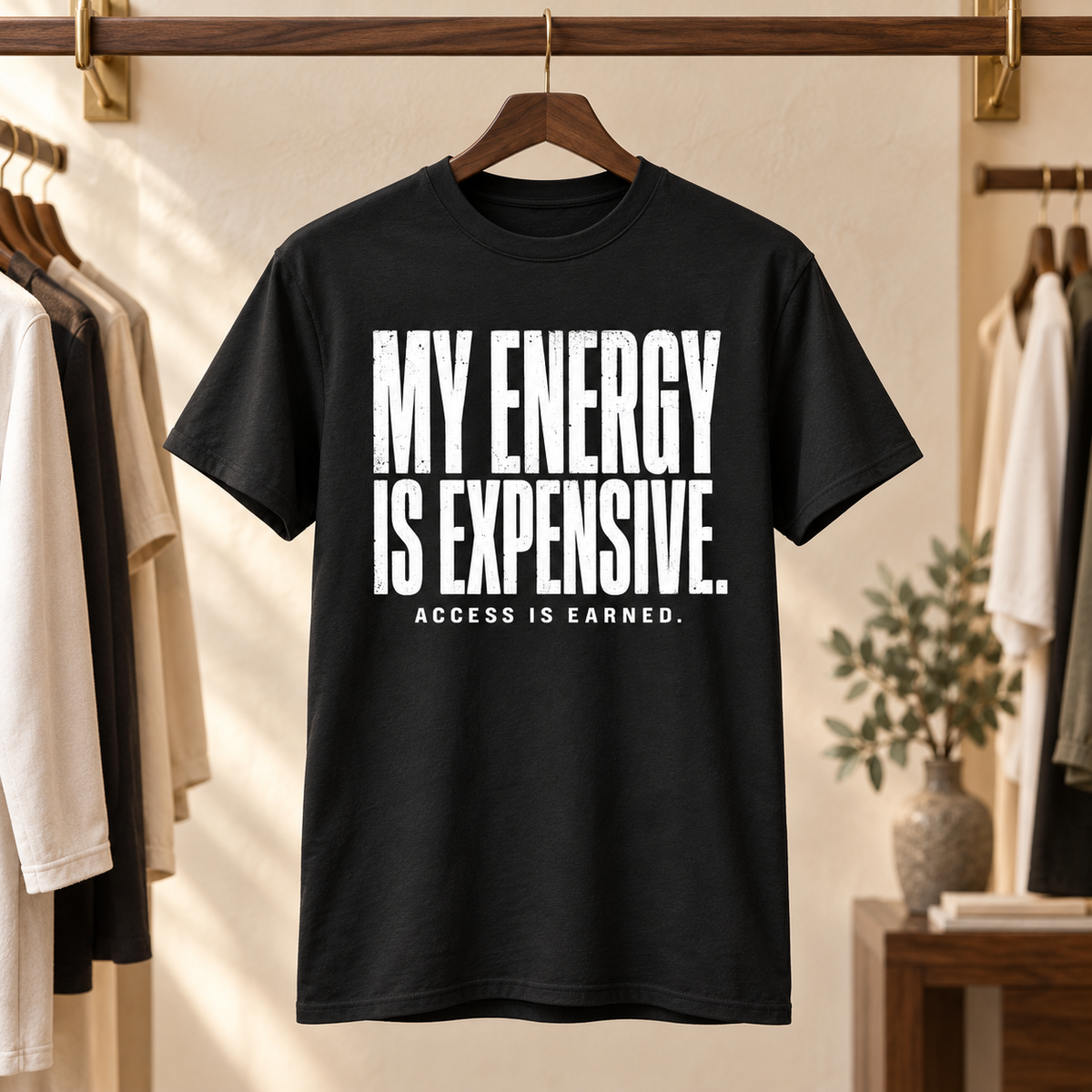Black My Energy Is Expensive tee hanging in a boutique