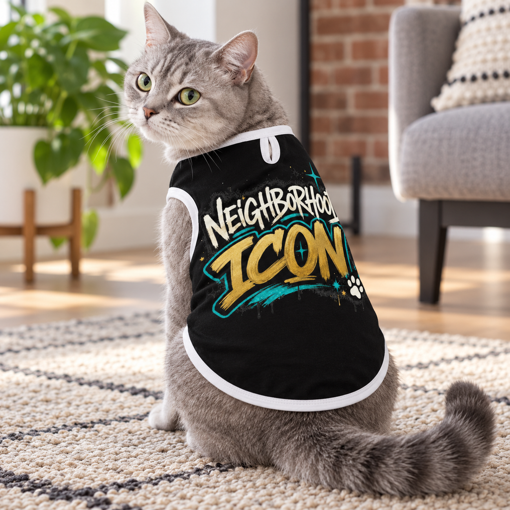 Gray cat wearing the Neighborhood Icon pet shirt