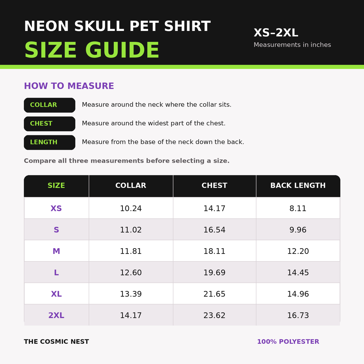 Neon Skull Pet Shirt size guide in inches, XS through 2XL