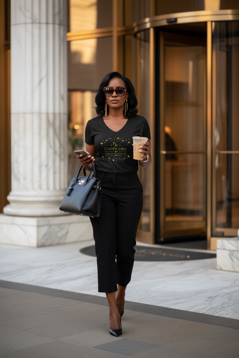 Capricorn Quiet Luxury. Loud Goals. Women's V-Neck Zodiac Tee