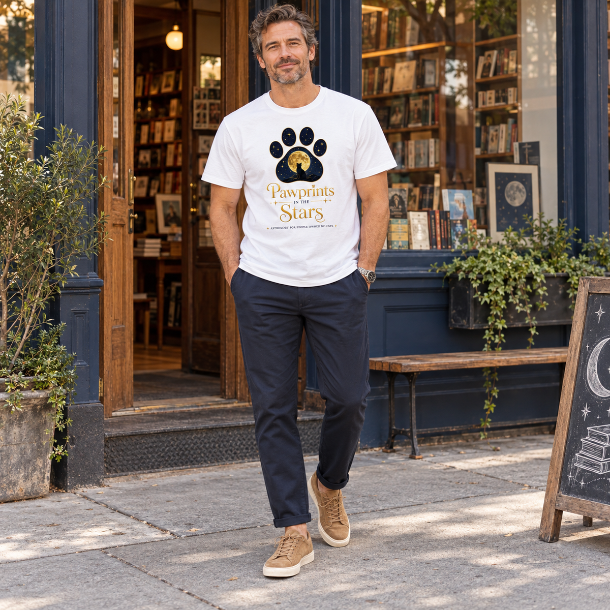 Pawprints in the Stars cats unisex T-shirt on a model