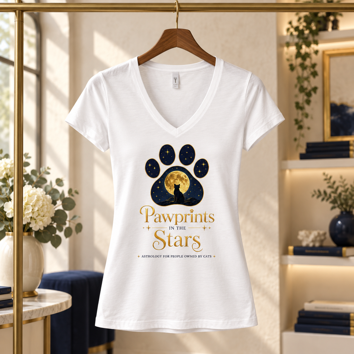 Pawprints in the Stars cats women's V-neck T-shirt displayed in a boutique
